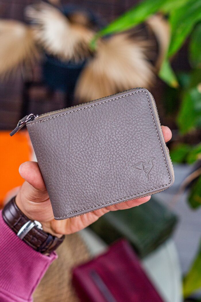 Garbalia Carole Hakiki Deri Bozuk Para Bölmeli Fermuar Kilitli Vizon Unisex Cüzdan - Görsel 4