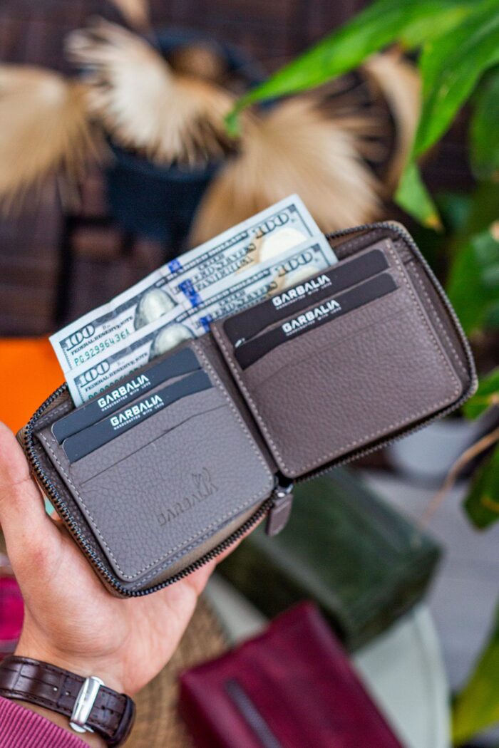 Garbalia Carole Hakiki Deri Bozuk Para Bölmeli Fermuar Kilitli Vizon Unisex Cüzdan