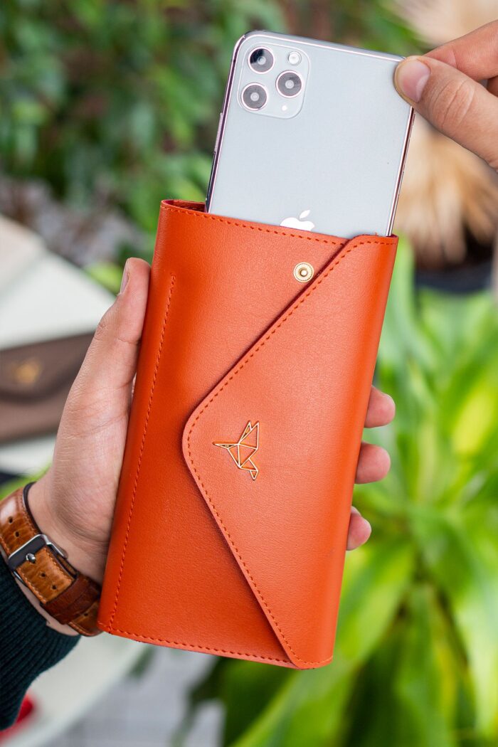 Envelope Telefon ve Bozuk Para Bölmeli Zarf Model Turuncu Kadın Cüzdan