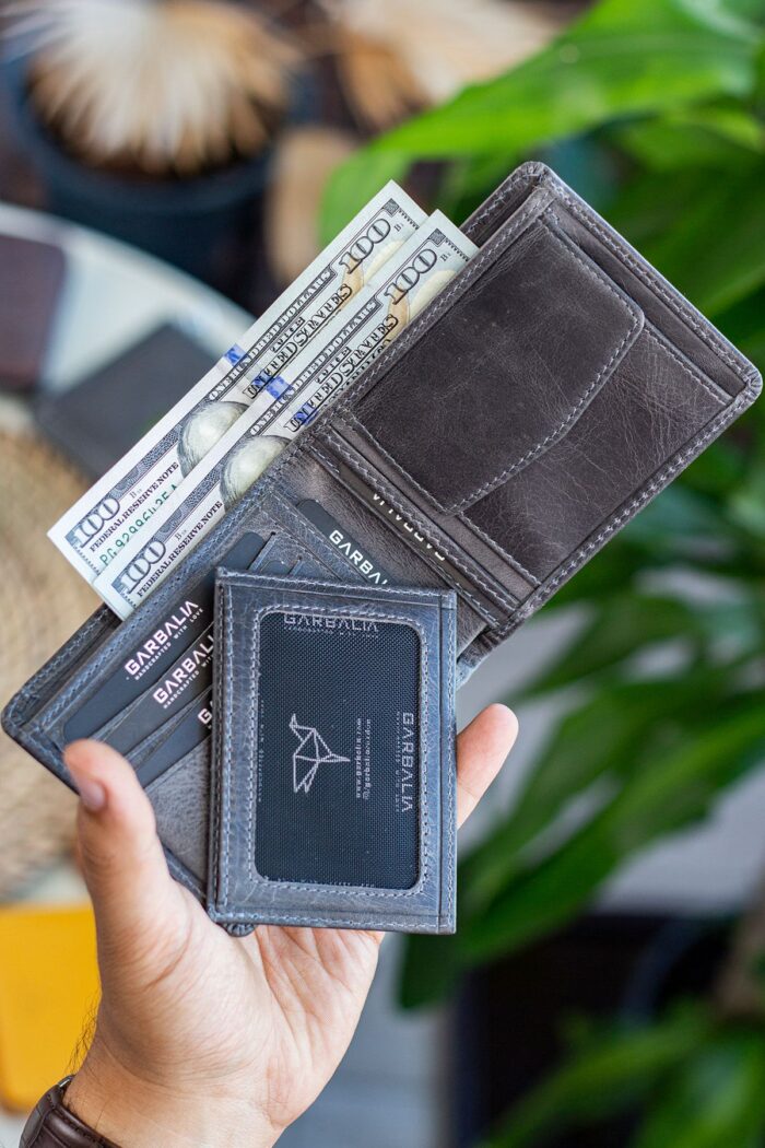 Garbalia Kanguru Hakiki Deri RFID Engelleyici Crazy Gri Cüzdan Kartlık - Görsel 3