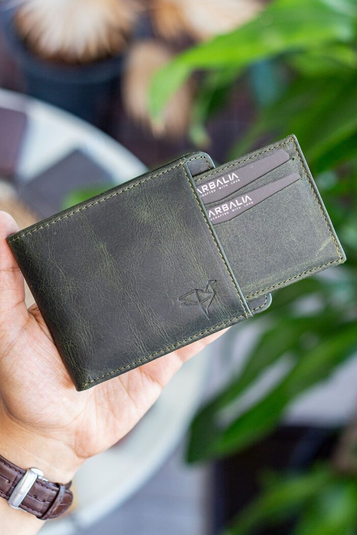 Garbalia Kanguru Hakiki Deri RFID Engelleyici Crazy Yeşil Cüzdan Kartlık