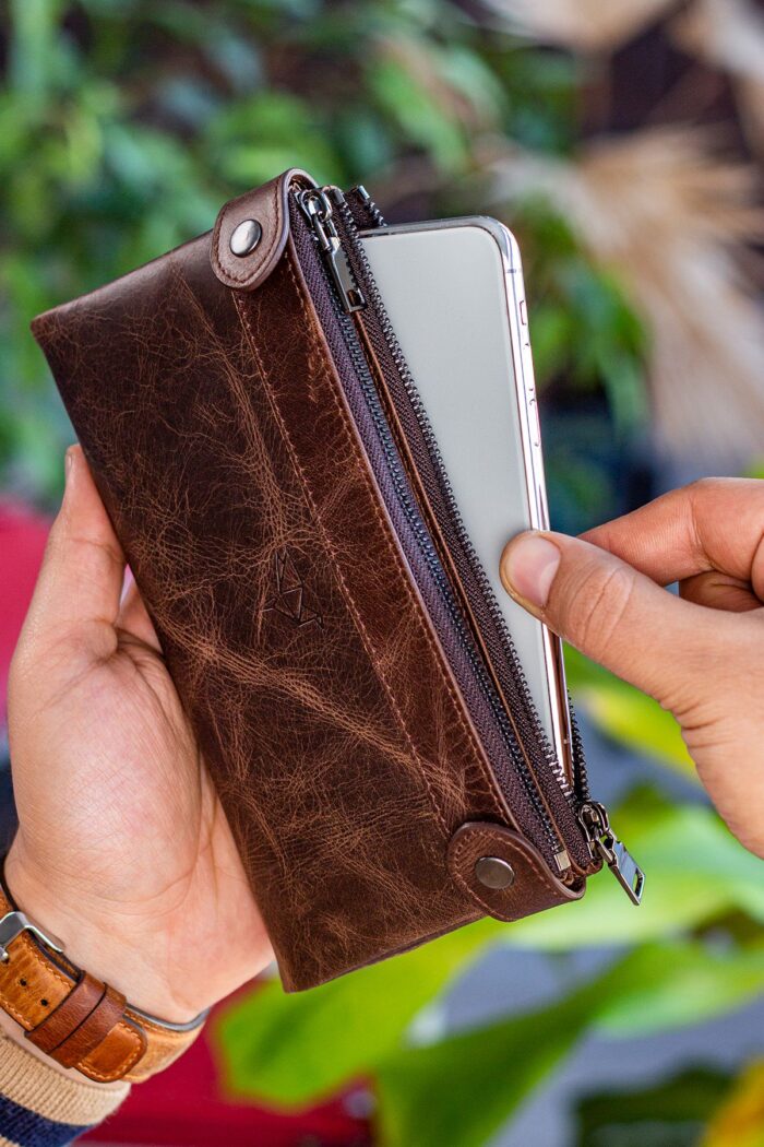 Garbalia Roosevelt Hakiki Deri Telefon Bölmeli El Saplı Crazy Kahverengi Unisex Portföy Cüzdan
