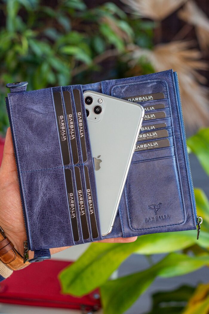 Garbalia Roosevelt Hakiki Deri Telefon Bölmeli El Saplı Crazy Lacivert Unisex Portföy Cüzdan - Görsel 2