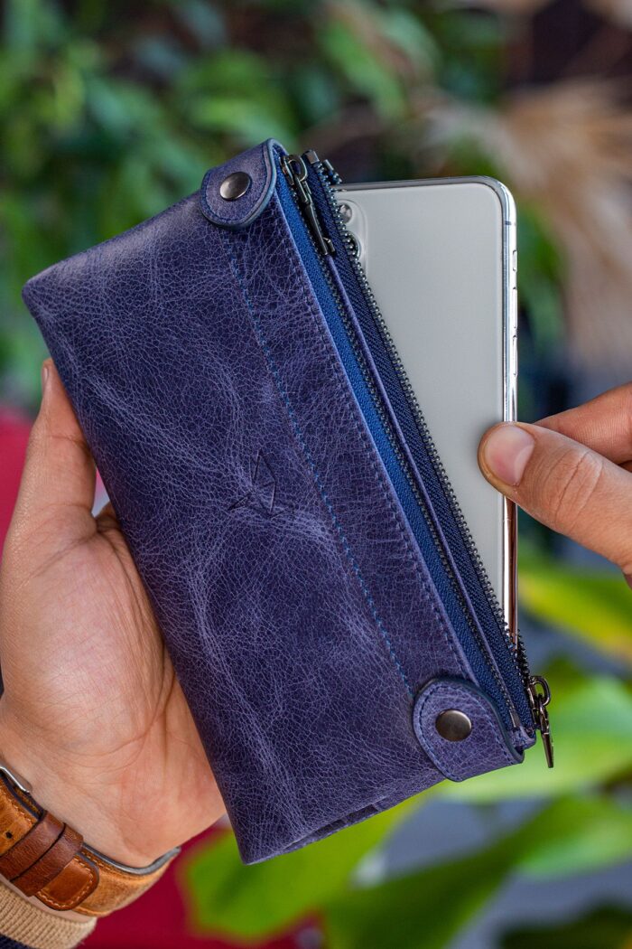 Garbalia Roosevelt Hakiki Deri Telefon Bölmeli El Saplı Crazy Lacivert Unisex Portföy Cüzdan