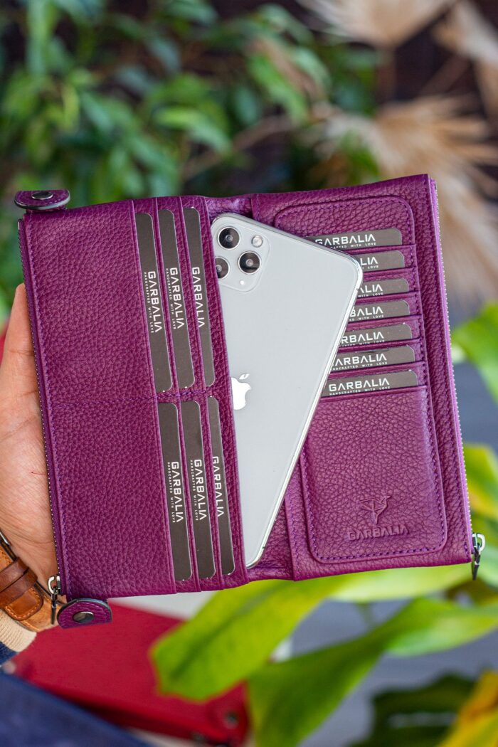 Garbalia Roosevelt Hakiki Deri Telefon Bölmeli El Saplı Mürdüm Unisex Portföy Cüzdan - Görsel 2