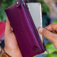 Garbalia Roosevelt Hakiki Deri Telefon Bölmeli El Saplı Mürdüm Unisex Portföy Cüzdan