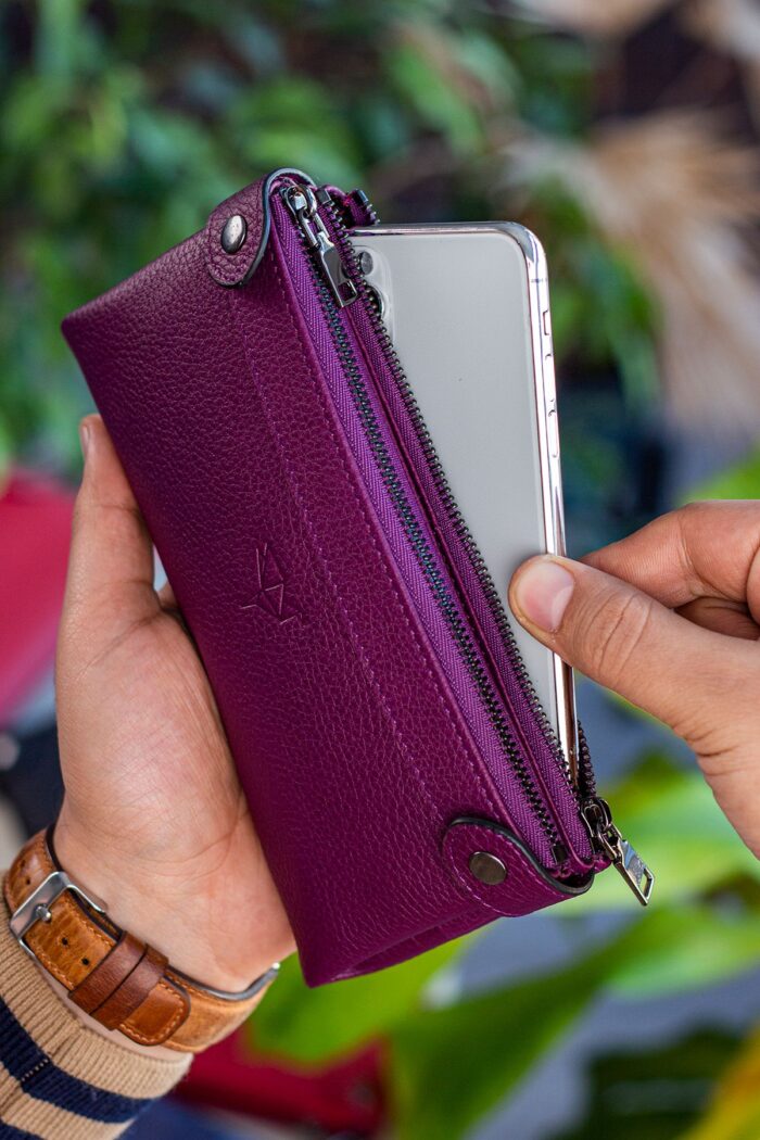 Garbalia Roosevelt Hakiki Deri Telefon Bölmeli El Saplı Mürdüm Unisex Portföy Cüzdan