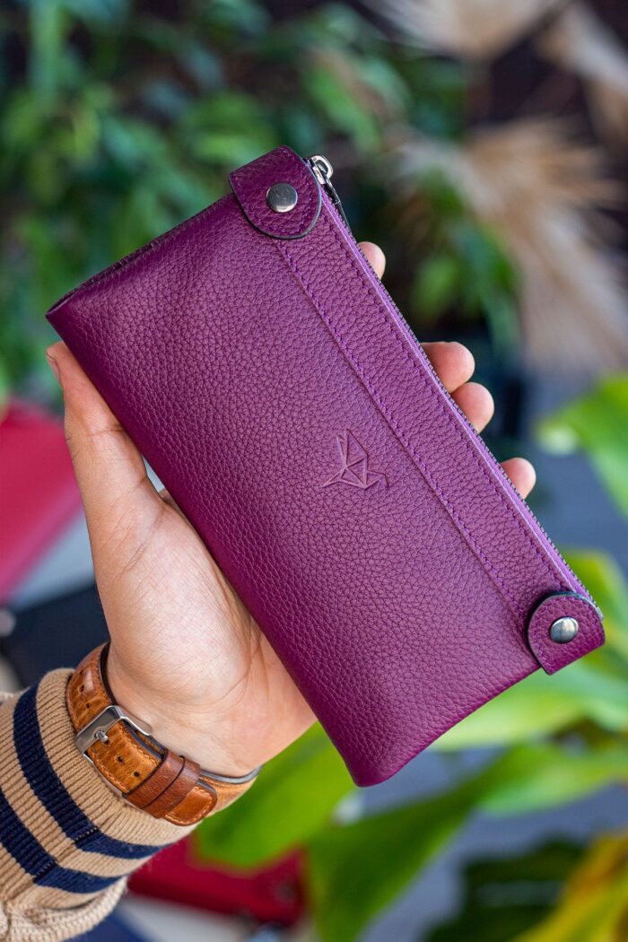 Garbalia Roosevelt Hakiki Deri Telefon Bölmeli El Saplı Mürdüm Unisex Portföy Cüzdan - Görsel 3