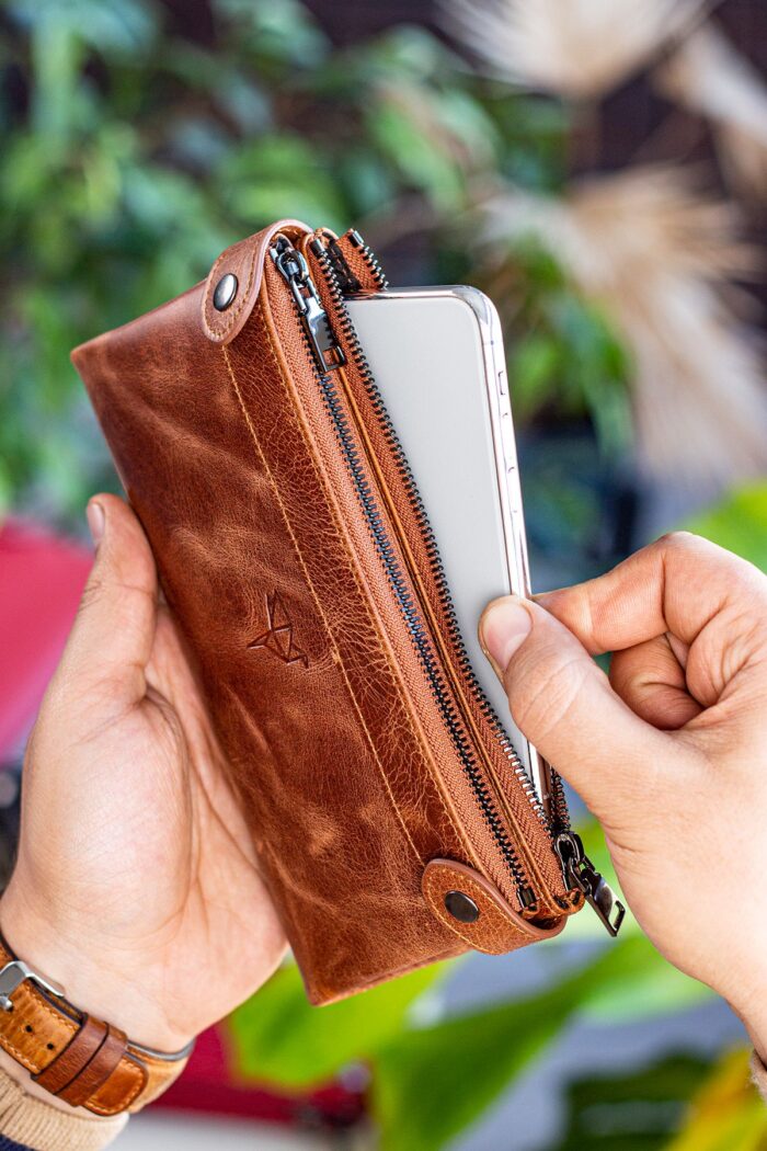 Garbalia Roosevelt Hakiki Deri Telefon Bölmeli El Saplı Crazy Taba Unisex Portföy Cüzdan