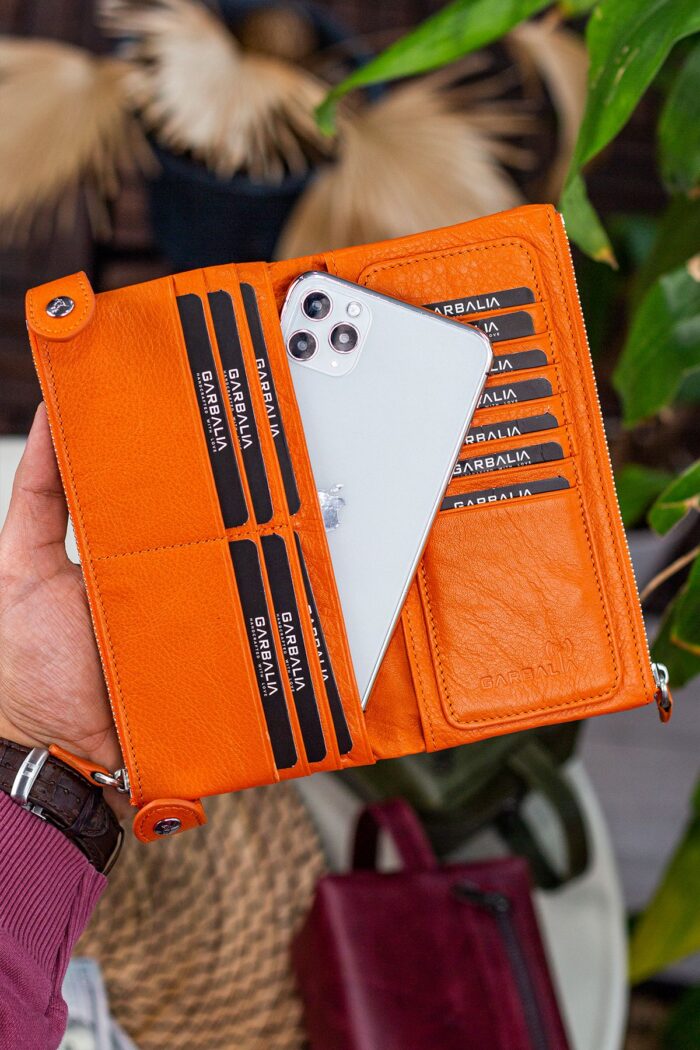 Garbalia Roosevelt Hakiki Deri Telefon Bölmeli El Saplı Turuncu Unisex Portföy Cüzdan