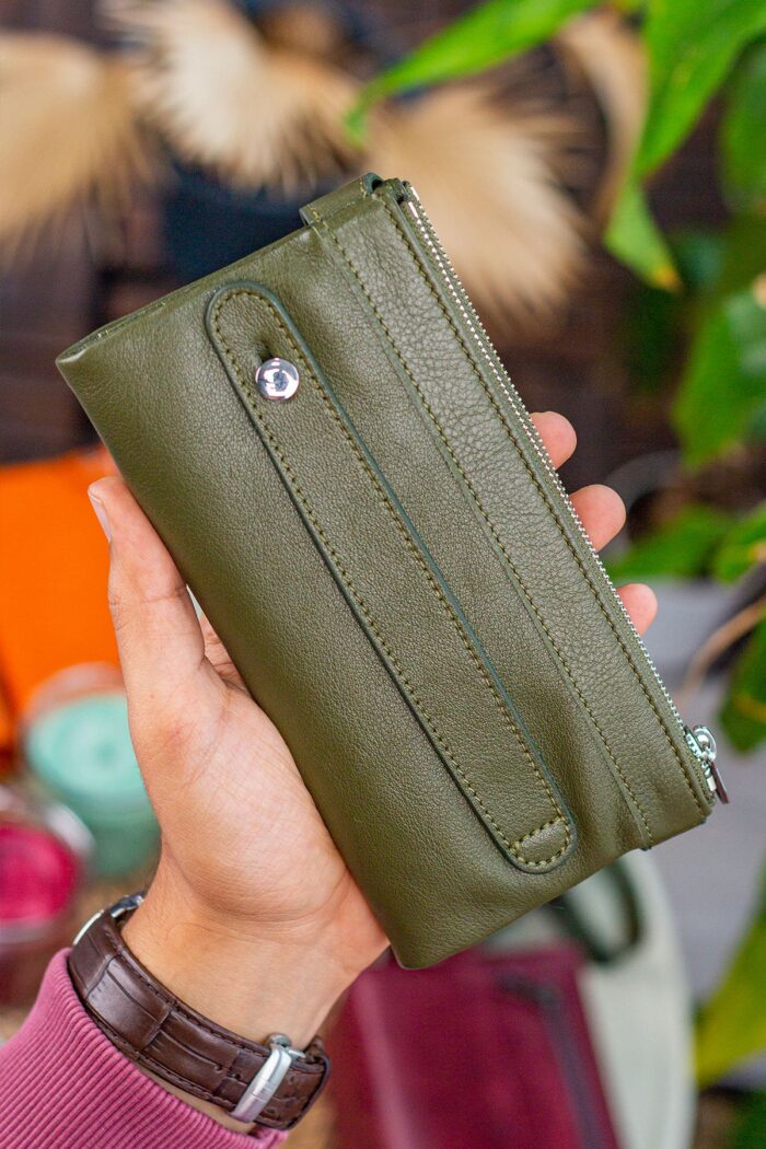 Garbalia Roosevelt Hakiki Deri Telefon Bölmeli El Saplı Yeşil Unisex Portföy Cüzdan - Görsel 2