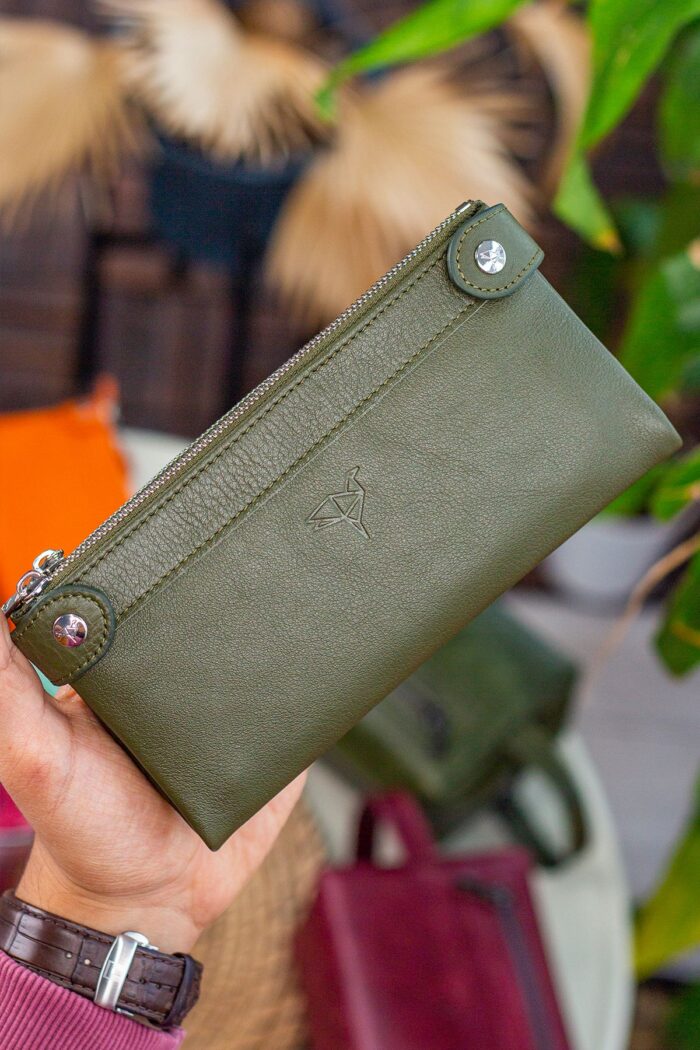 Garbalia Roosevelt Hakiki Deri Telefon Bölmeli El Saplı Yeşil Unisex Portföy Cüzdan - Görsel 5
