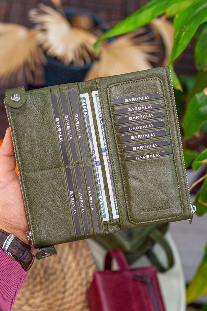 Garbalia Roosevelt Hakiki Deri Telefon Bölmeli El Saplı Yeşil Unisex Portföy Cüzdan