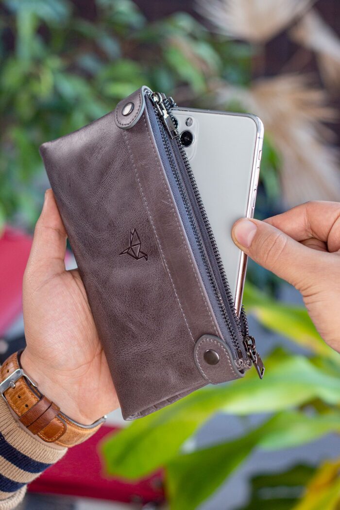 Garbalia Roosevelt Hakiki Deri Telefon Bölmeli El Saplı Crazy Gri Unisex Portföy Cüzdan