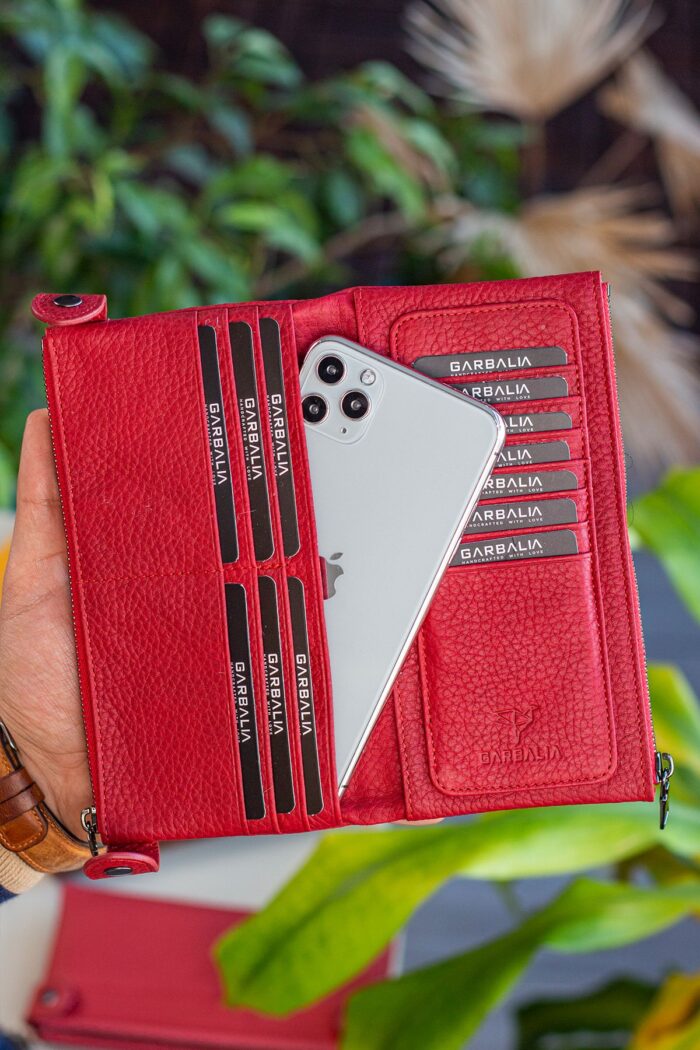 Garbalia Roosevelt Hakiki Deri Telefon Bölmeli El Saplı Kırmızı Unisex Portföy Cüzdan - Görsel 2