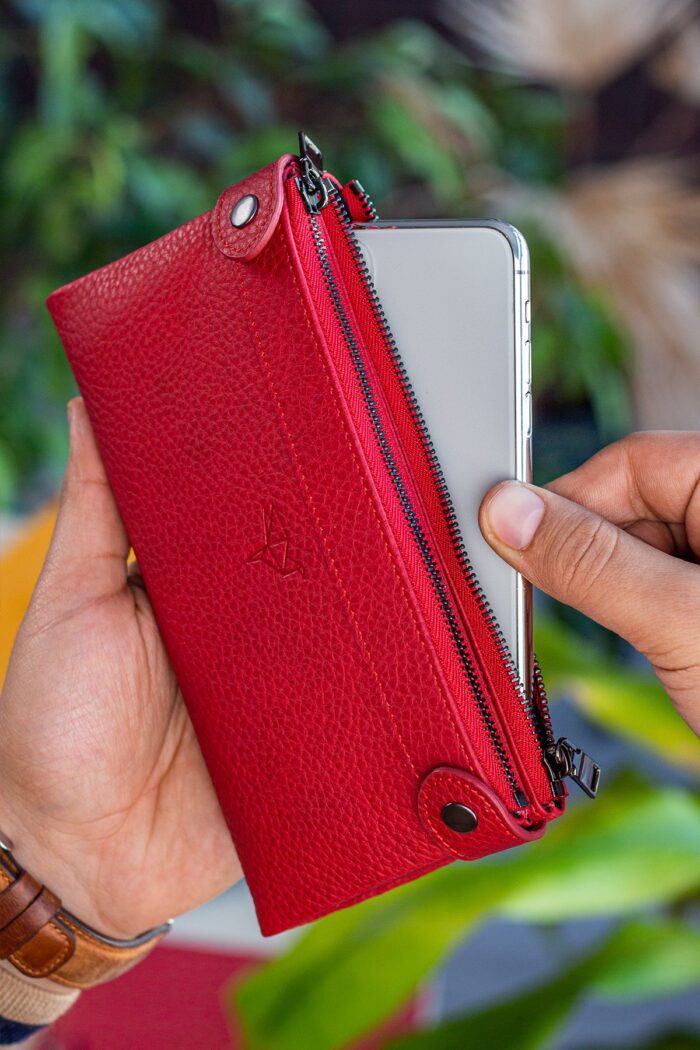 Garbalia Roosevelt Hakiki Deri Telefon Bölmeli El Saplı Kırmızı Unisex Portföy Cüzdan