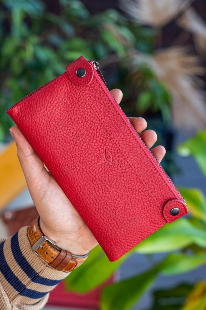 Garbalia Roosevelt Hakiki Deri Telefon Bölmeli El Saplı Kırmızı Unisex Portföy Cüzdan - Görsel 3
