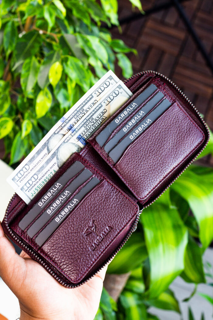 Garbalia Carole Hakiki Deri Bozuk Para Bölmeli Fermuar Kilitli Bordo Unisex Cüzdan