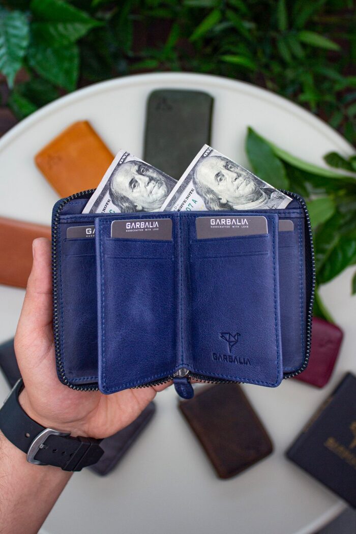Garbalia Fargo Vintage Deri Fermuarlı Lacivert Unisex Kartlık Cüzdan - Görsel 2