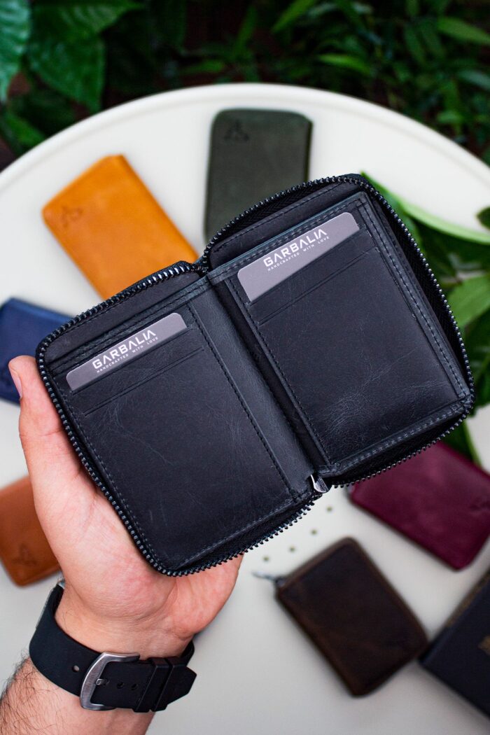 Garbalia Fargo Vintage Deri Fermuarlı Siyah Unisex Kartlık Cüzdan - Görsel 4