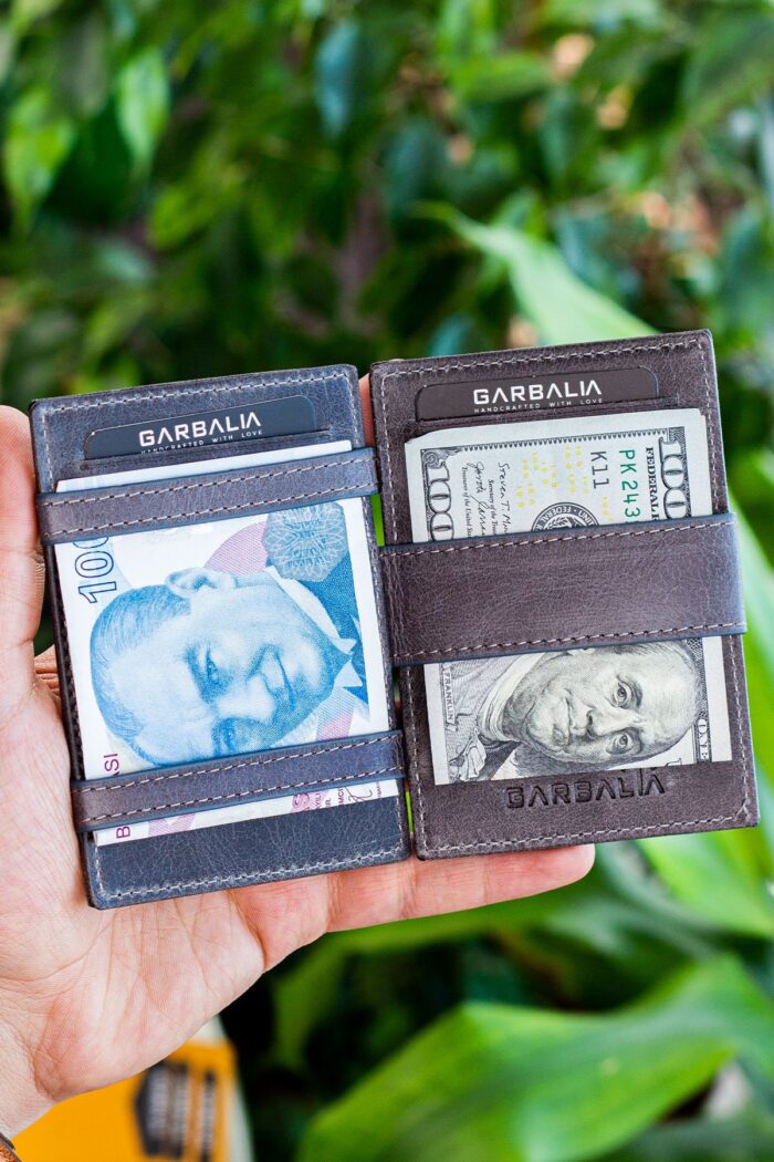 Garbalia Magic Hakiki Deri RFID Engelleyici Unisex Sihirbaz Gri Kartlık Cüzdan