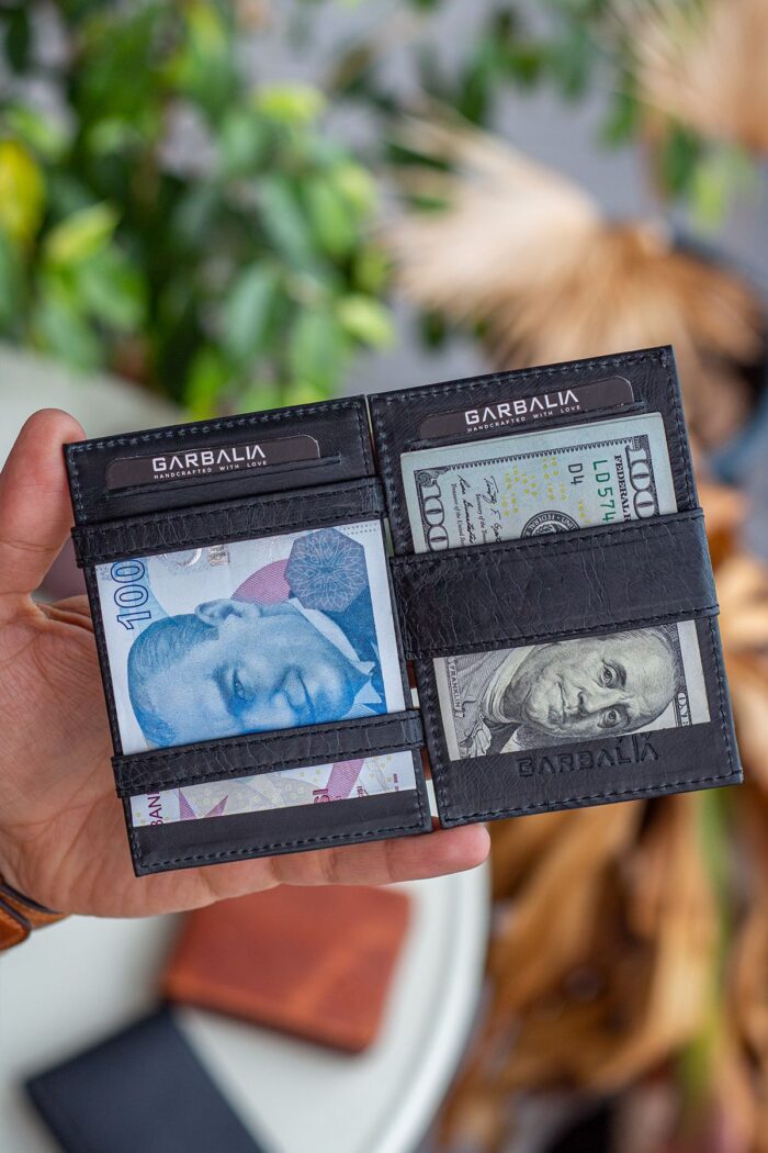 Garbalia Magic Hakiki Deri RFID Engelleyici Unisex Sihirbaz Crazy Siyah Kartlık Cüzdan
