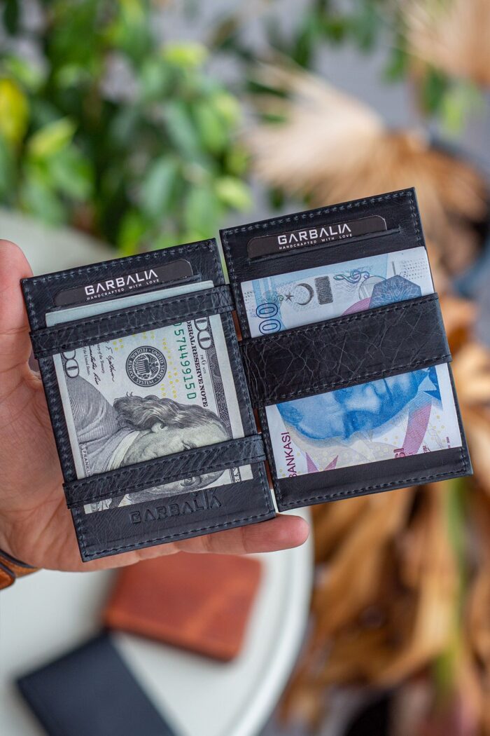 Garbalia Magic Hakiki Deri RFID Engelleyici Unisex Sihirbaz Crazy Siyah Kartlık Cüzdan - Görsel 2