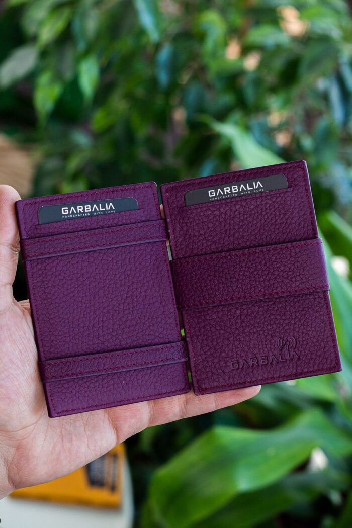 Garbalia Magic Hakiki Deri RFID Engelleyici Unisex Sihirbaz Mürdüm Kartlık Cüzdan - Görsel 3