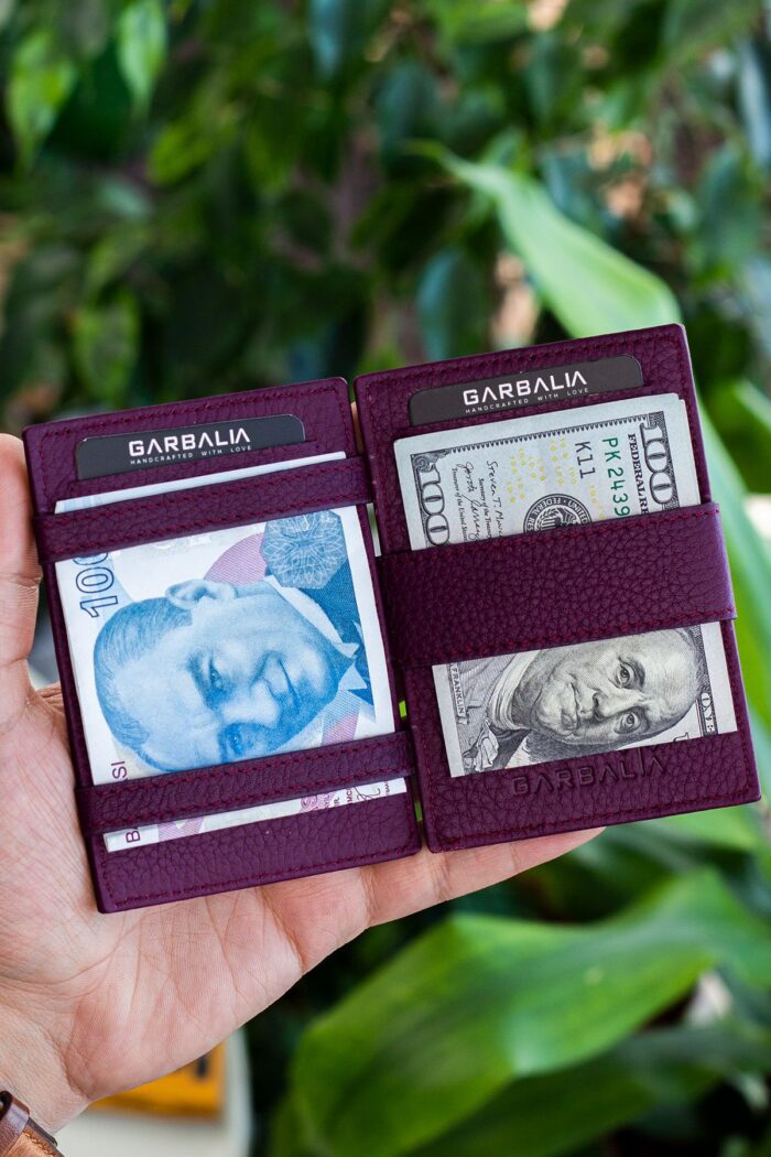 Garbalia Magic Hakiki Deri RFID Engelleyici Unisex Sihirbaz Mürdüm Kartlık Cüzdan