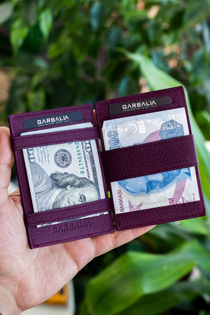Garbalia Magic Hakiki Deri RFID Engelleyici Unisex Sihirbaz Mürdüm Kartlık Cüzdan - Görsel 2