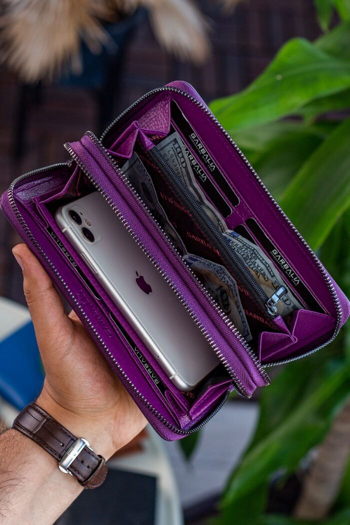 Garbalia Orleans Hakiki Deri Mürdüm Telefon Bölmeli El Çantası Cüzdan Kartlık - Görsel 2