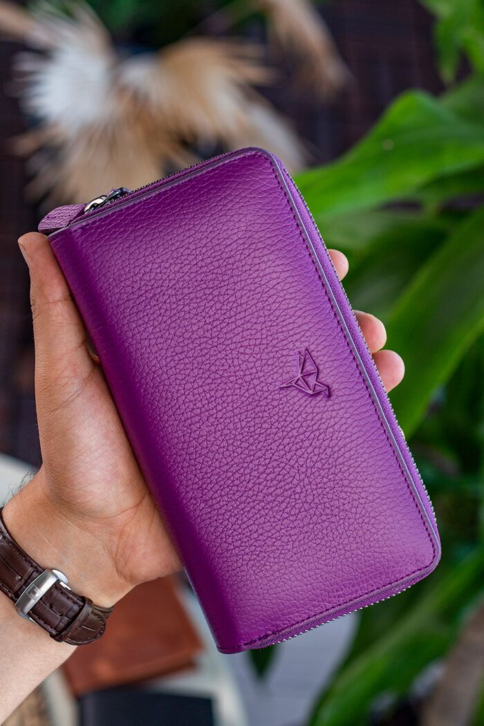 Garbalia Orleans Hakiki Deri Mürdüm Telefon Bölmeli El Çantası Cüzdan Kartlık