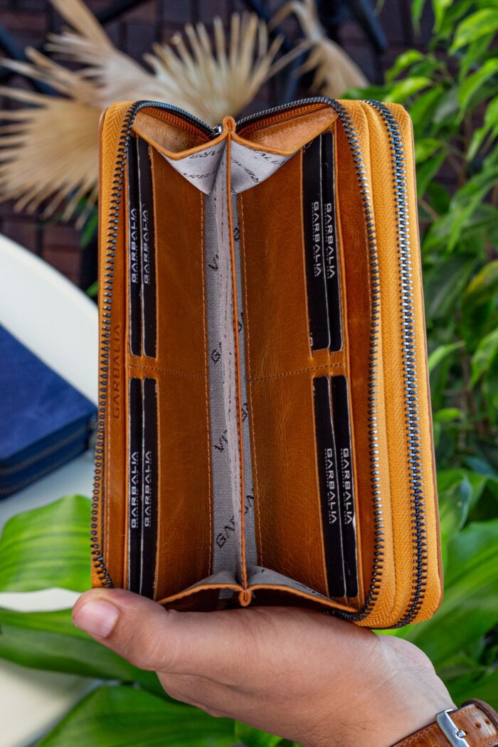 Garbalia Orleans Vintage Deri Hardal Sarısı Telefon Bölmeli El Çantası Cüzdan Kartlık - Görsel 4