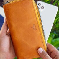 Garbalia Orleans Vintage Deri Hardal Sarısı Telefon Bölmeli El Çantası Cüzdan Kartlık