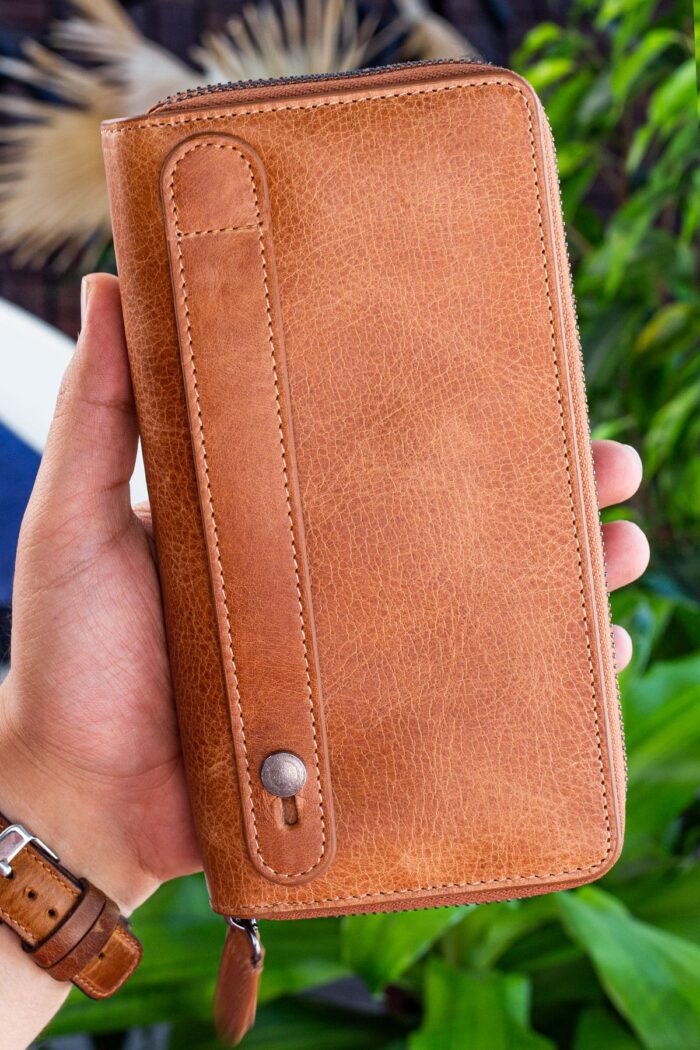 Garbalia Orleans Vintage Deri Taba Telefon Bölmeli El Çantası Cüzdan Kartlık - Görsel 5
